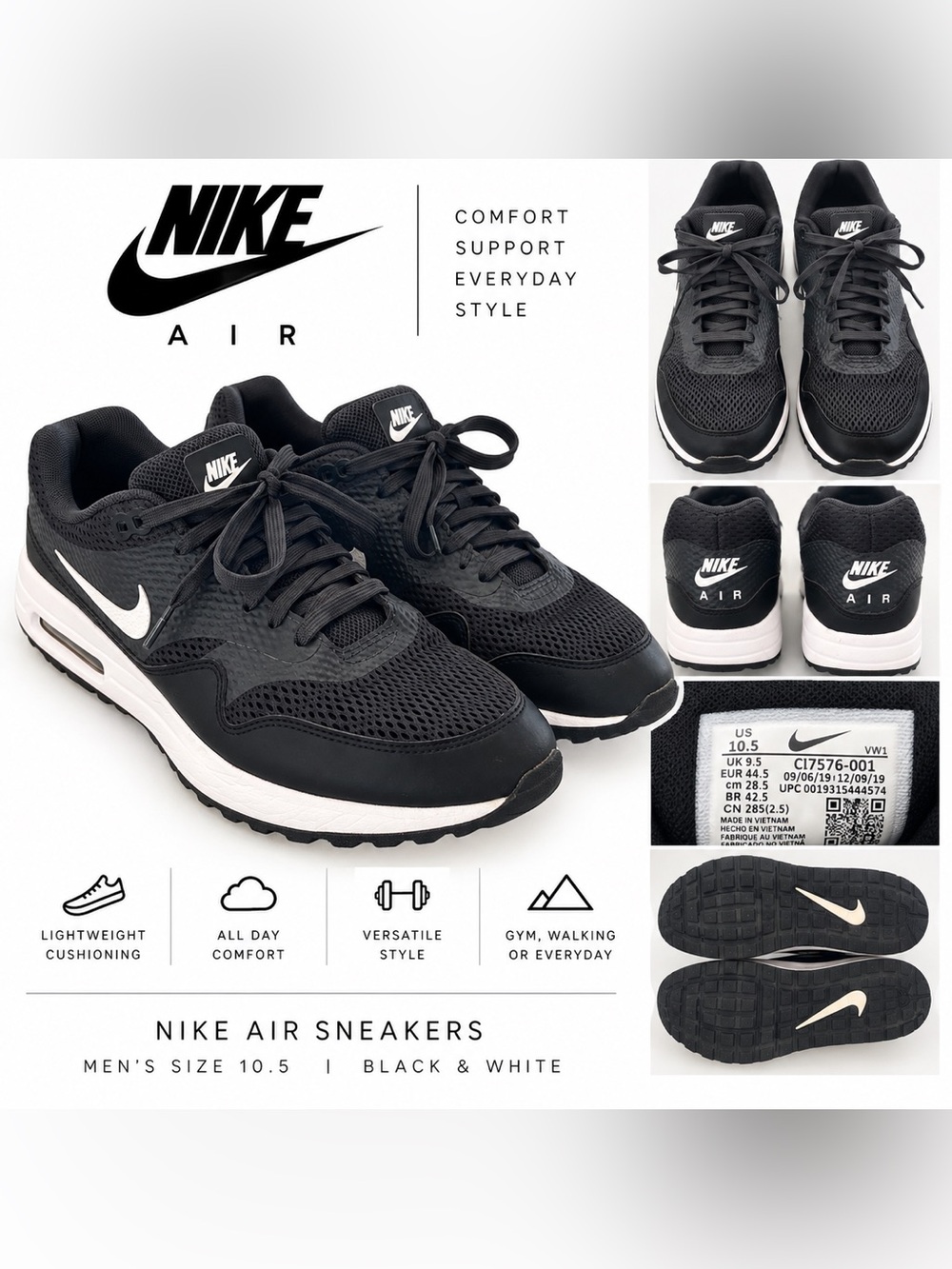 Nike Air Max 1 G Spikeless Golf Shoes Black Men’s 10.5
